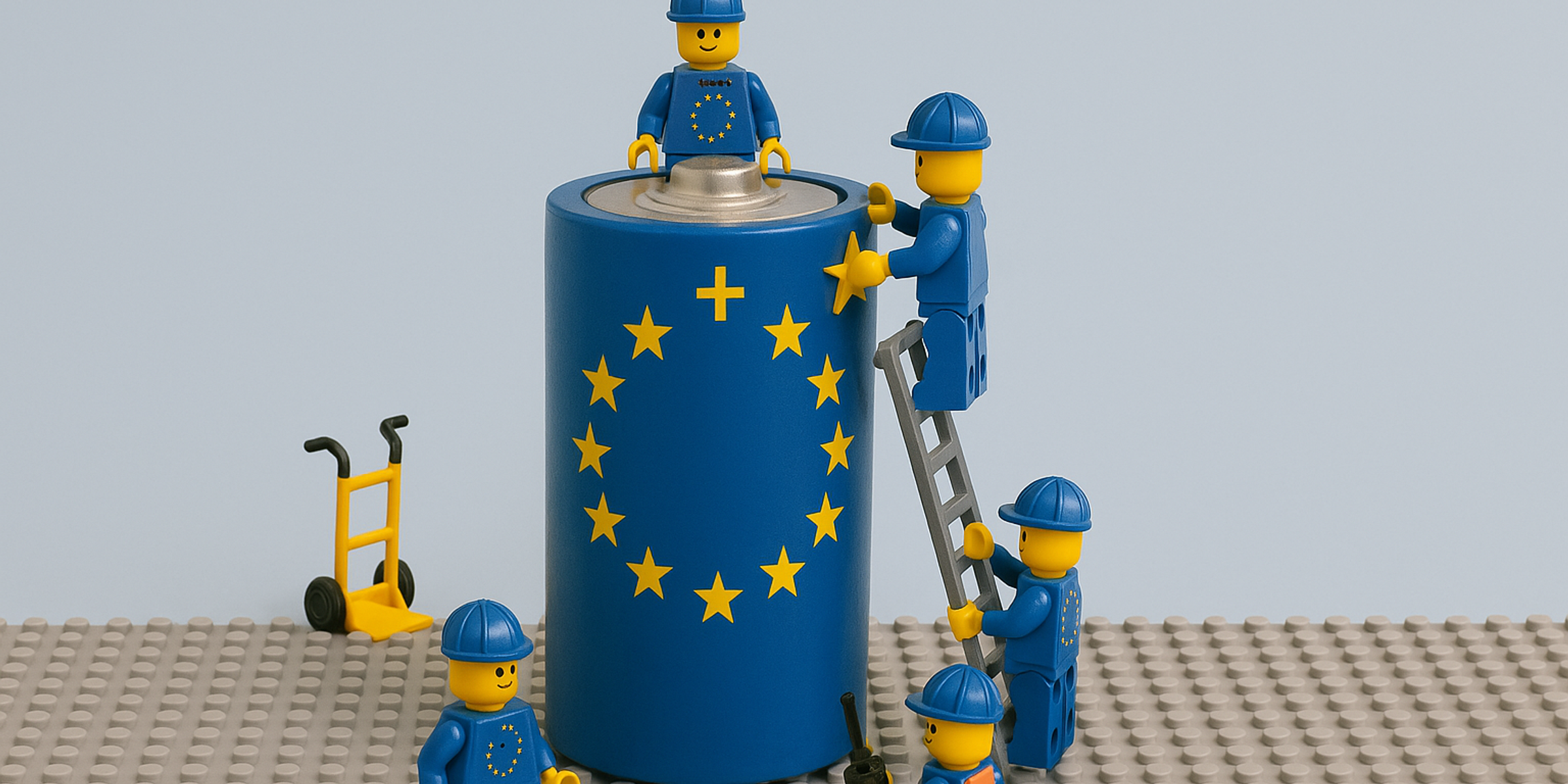 lego people building the new battery with EU flag