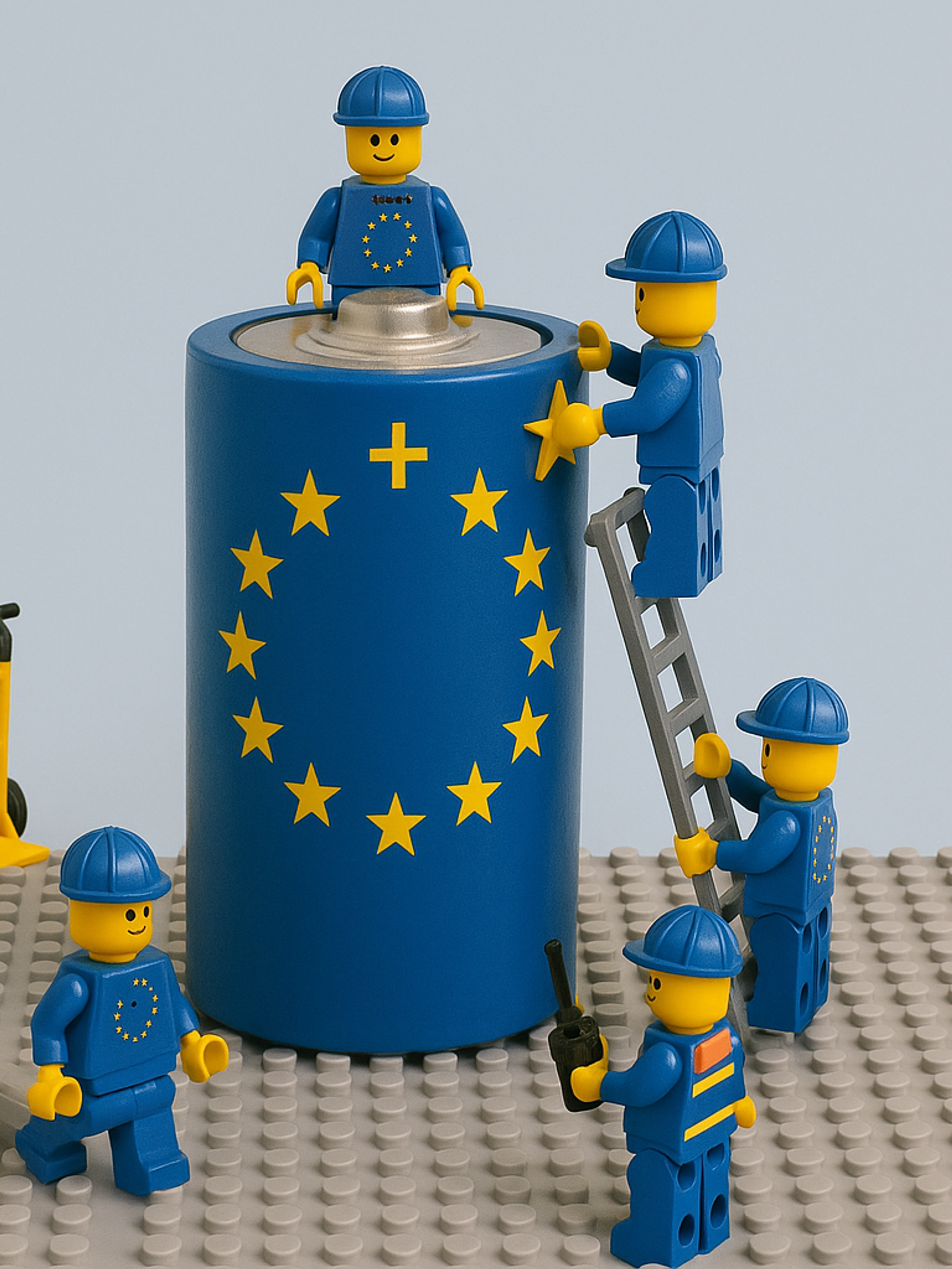 lego people building the new battery with EU flag