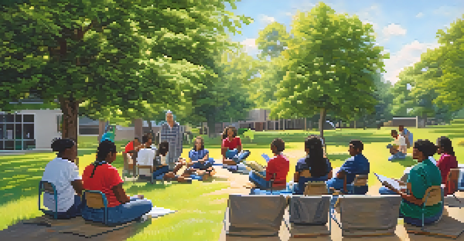 Older students in a serene outdoor setting discussing transition services and future job opportunities with a community representative. The environment is bright and inviting.