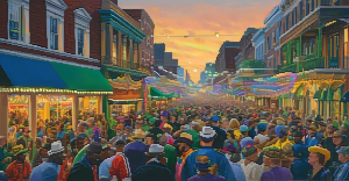 A lively street scene from the St. Louis Mardi Gras celebration featuring colorful floats and people in costumes.