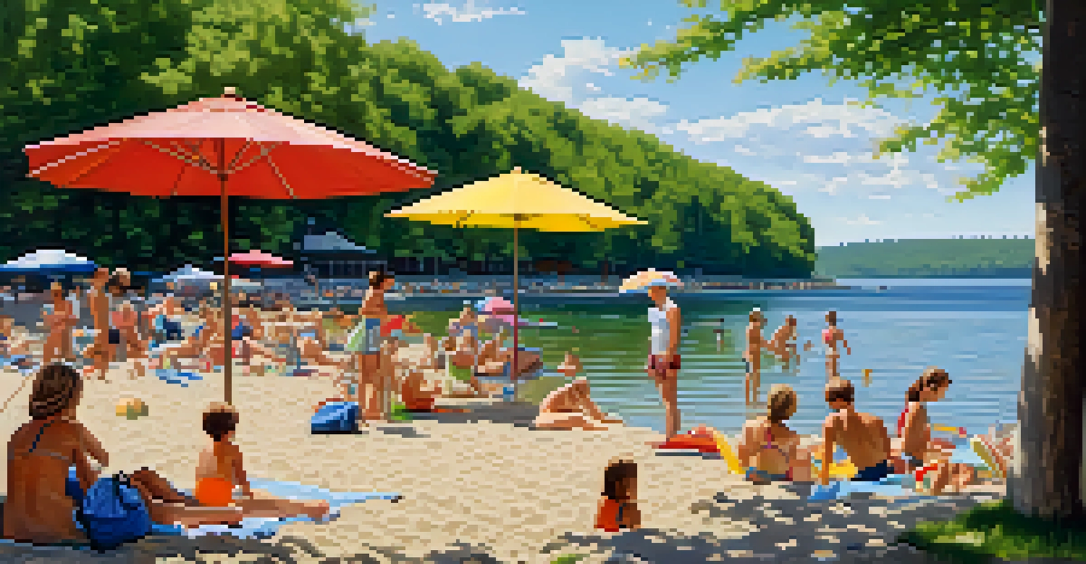 A family enjoys swimming at Finger Lakes State Park with children playing and adults relaxing on the beach.
