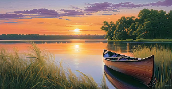 A peaceful sunset over the Mississippi River with a canoe and lush greenery.
