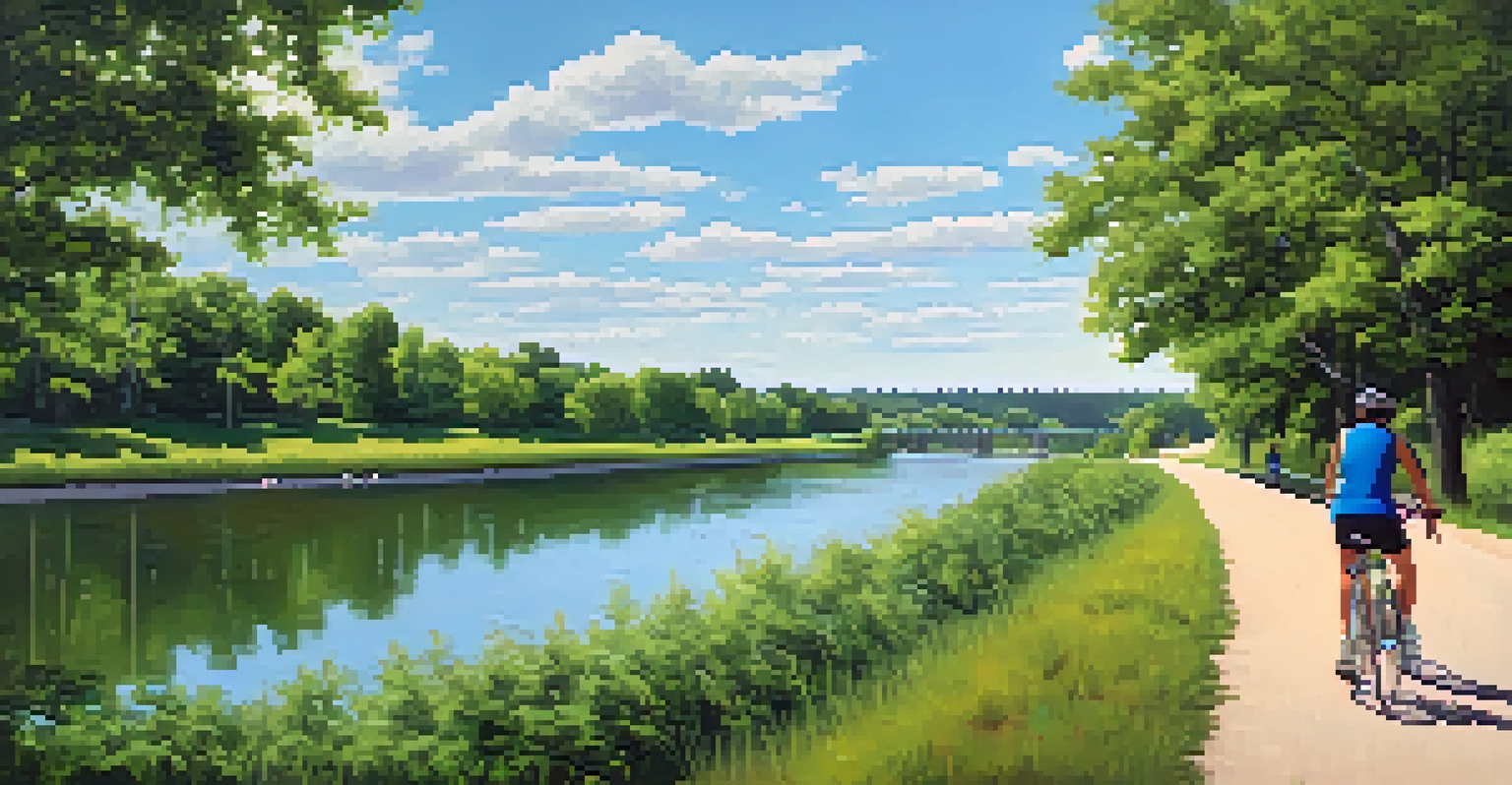 A flat hiking and biking trail along the Missouri River, surrounded by green landscapes and clear skies.