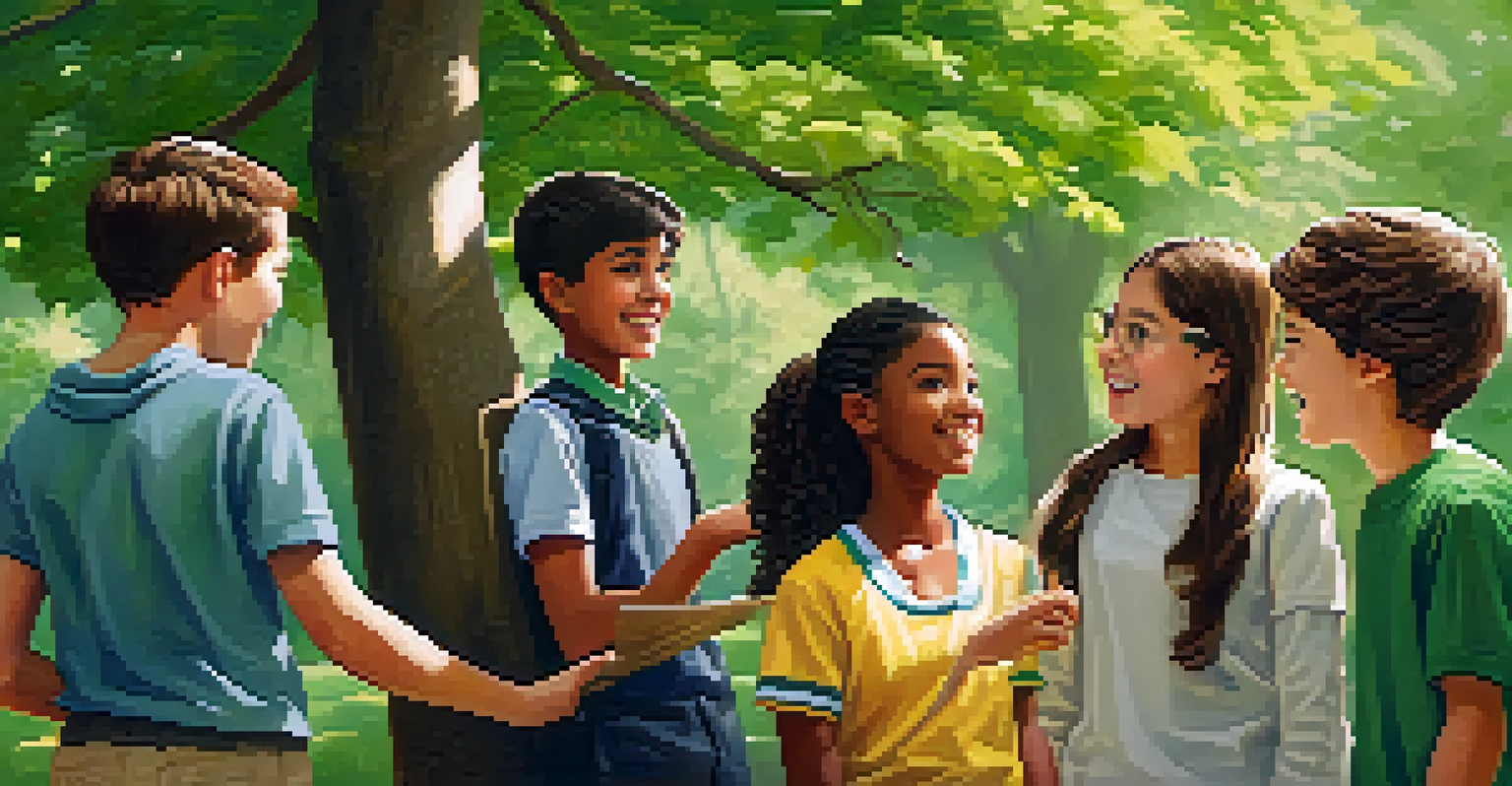 A teacher and students exploring nature together in a park, with a tree in focus.