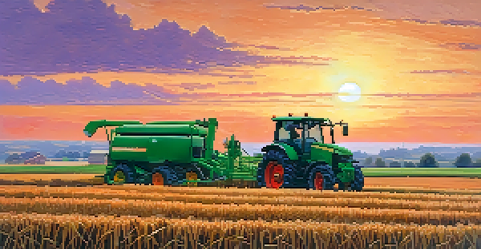 A field of crops in Missouri during sunset, featuring a tractor and a farmer, with a colorful sky and detailed textures of soil and plants.
