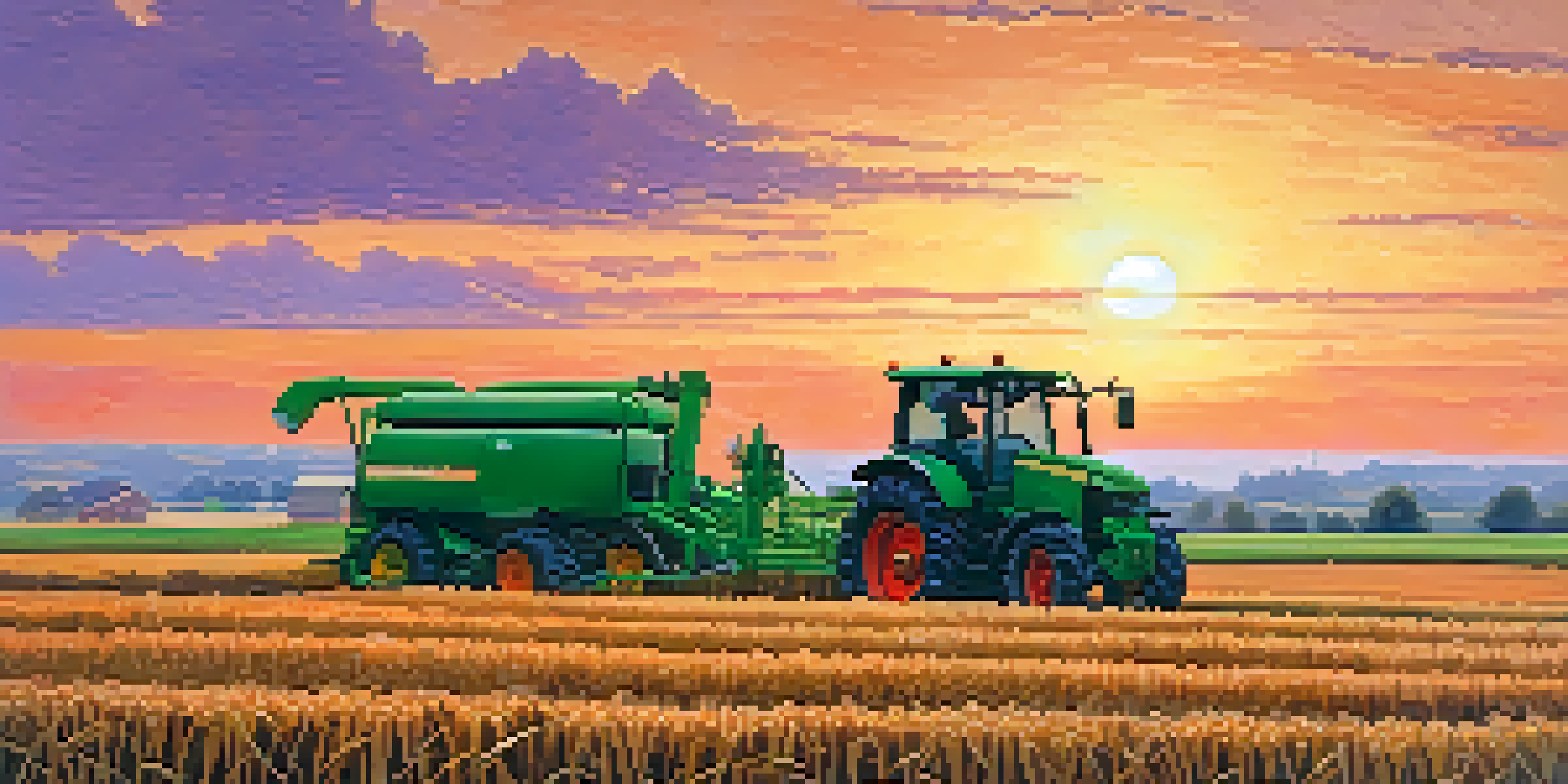 A field of crops in Missouri during sunset, featuring a tractor and a farmer, with a colorful sky and detailed textures of soil and plants.