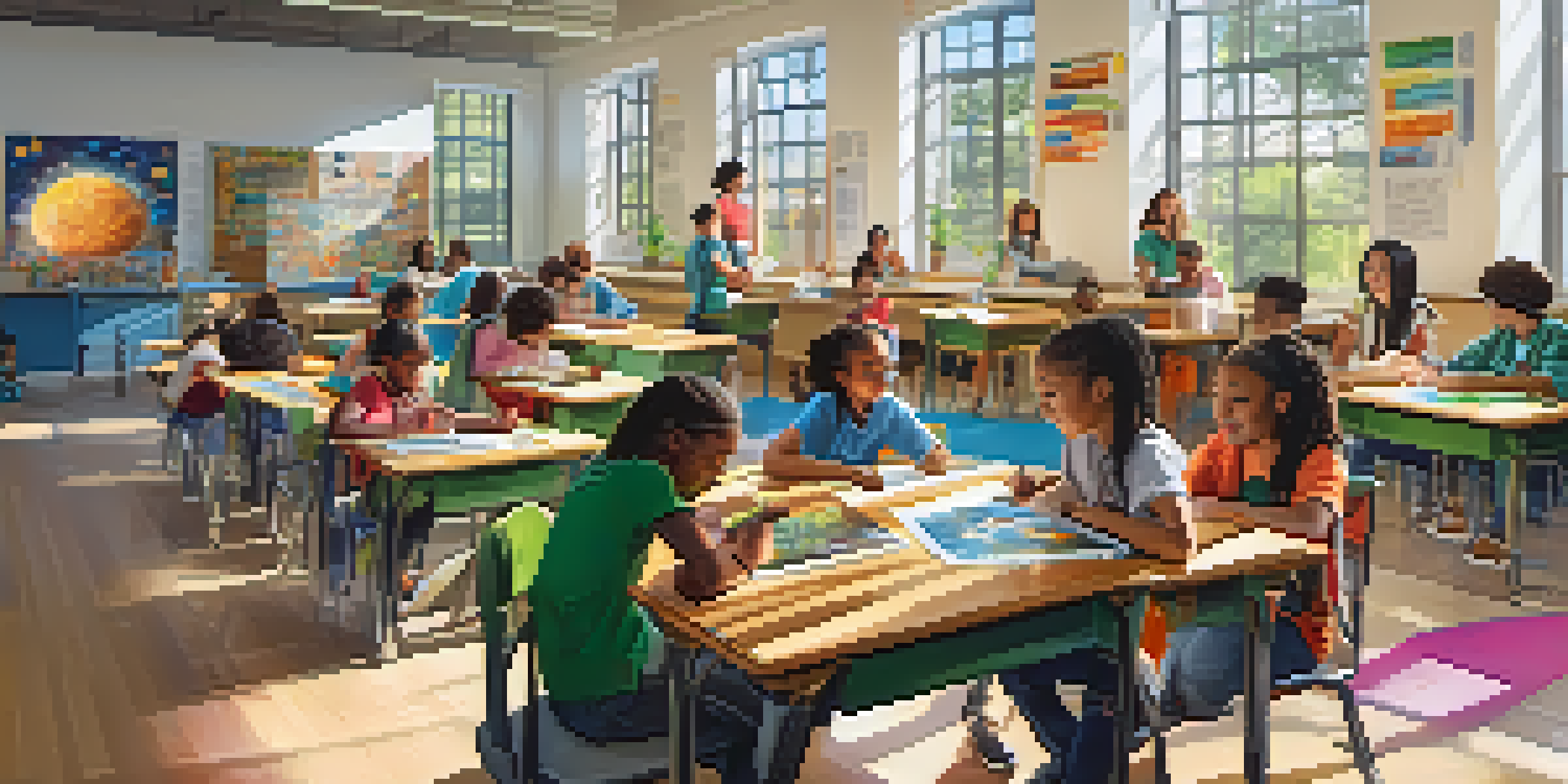 A colorful classroom with diverse students working together on a project, using tablets and building materials, illuminated by natural light.