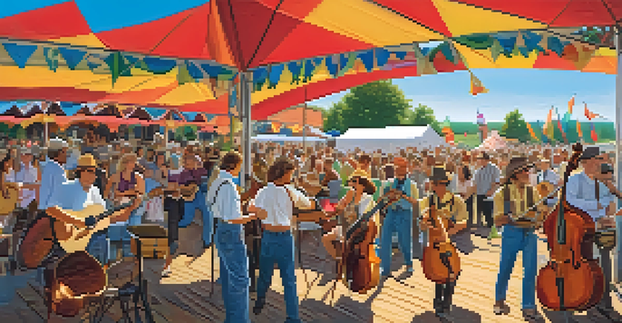 An outdoor folk music festival with musicians playing instruments and an audience enjoying the event.