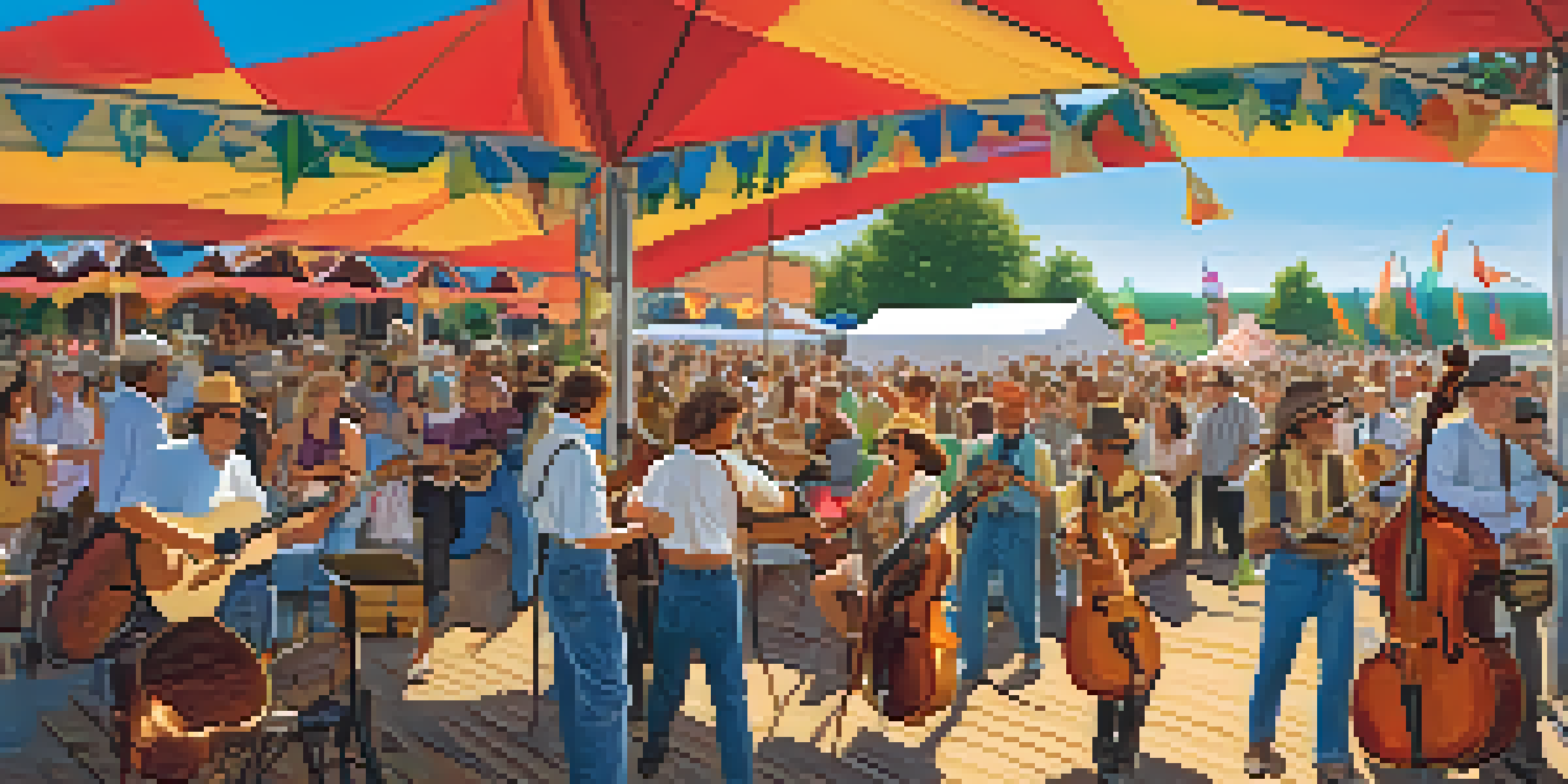 An outdoor folk music festival with musicians playing instruments and an audience enjoying the event.