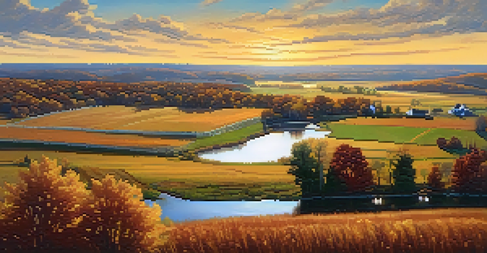 A scenic autumn landscape in rural Missouri, with rolling hills, colorful trees, a river, and a rustic barn under a blue sky.