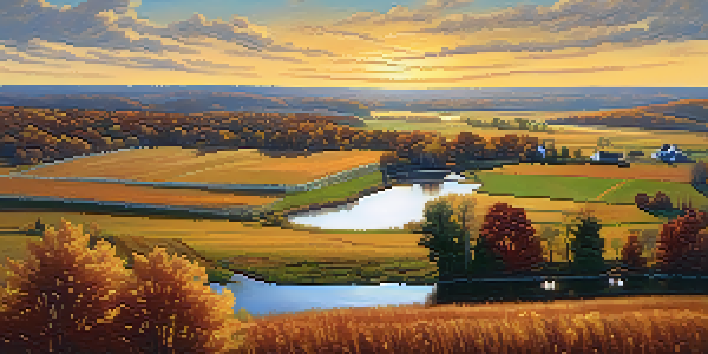 A scenic autumn landscape in rural Missouri, with rolling hills, colorful trees, a river, and a rustic barn under a blue sky.