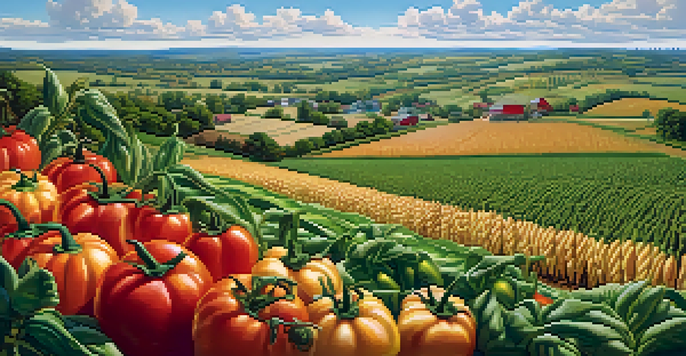 A wide view of Missouri's agricultural landscape with green fields of corn and soybeans, colorful tomatoes and peppers, rolling hills, and a bright sky.