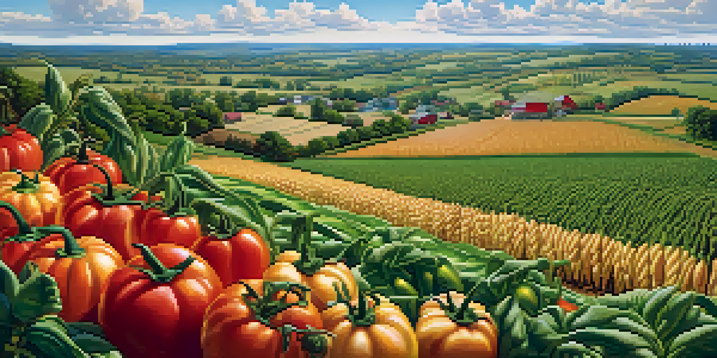 A wide view of Missouri's agricultural landscape with green fields of corn and soybeans, colorful tomatoes and peppers, rolling hills, and a bright sky.