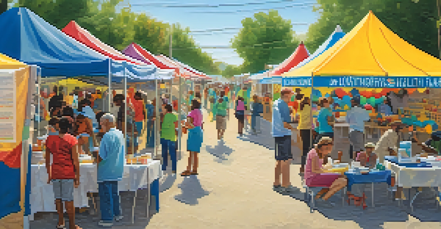 A vibrant community health fair in a rural town with tents, locals engaging in activities, and colorful decorations.
