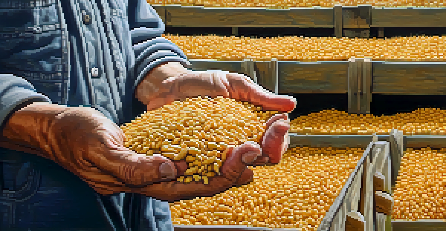 Close-up of a farmer holding organic feed with a poultry farm in the background, showcasing sustainable practices.