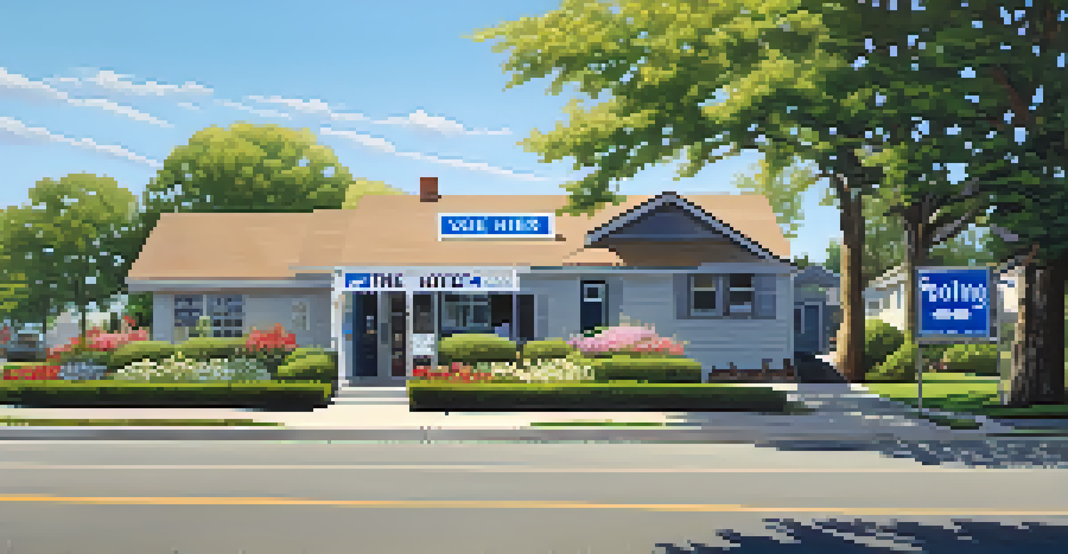 A peaceful local polling place surrounded by trees and flowers, with a clear blue sky and a 'Vote Here' sign in front of the entrance.