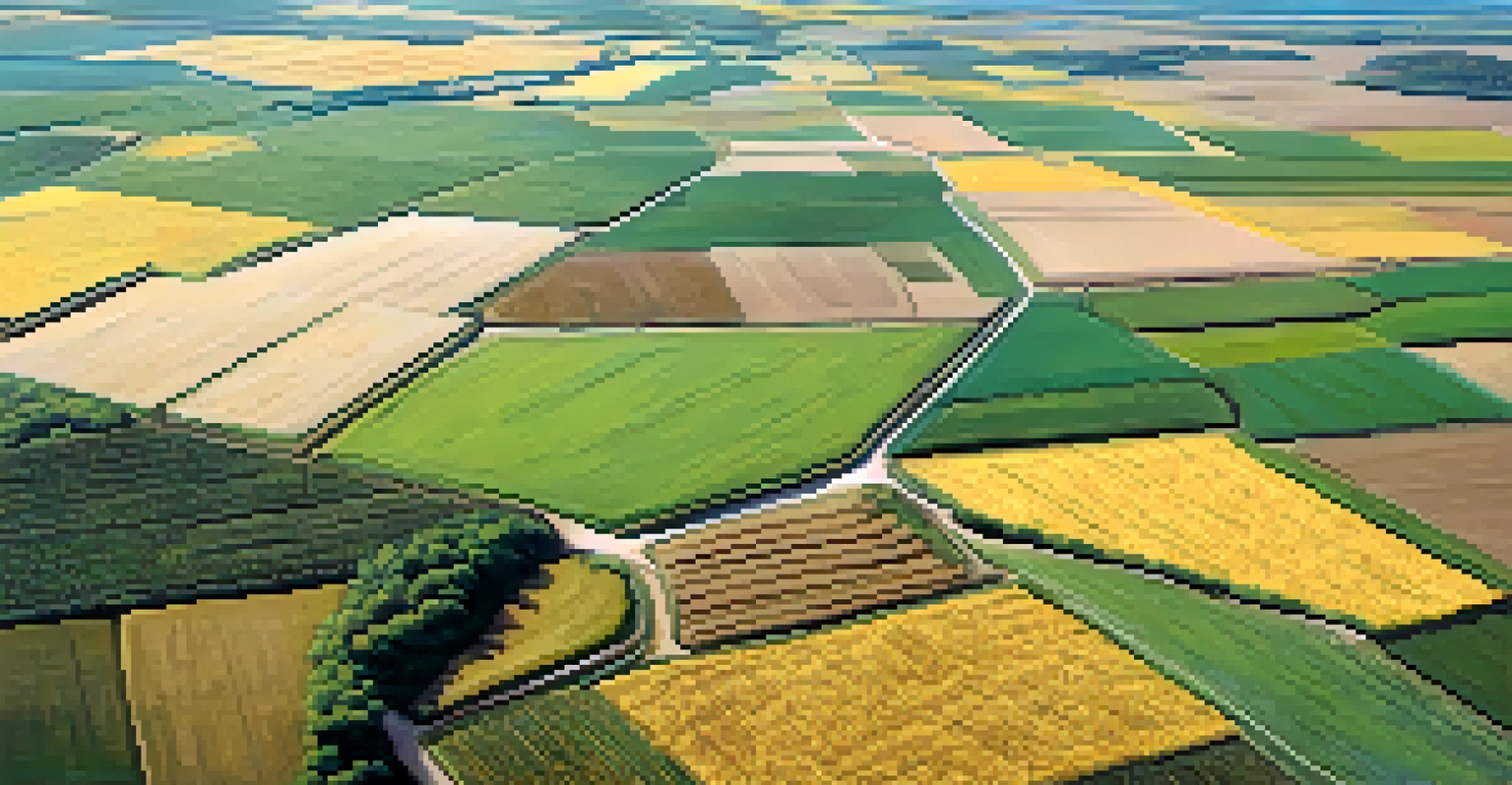 An aerial view of Missouri farmland with contrasting fields of corn and soybeans under a clear sky.