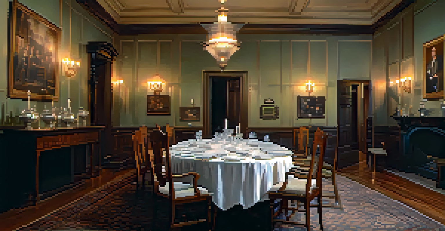 The elegant dining room of the Lemp Mansion, with vintage tableware and candlelight, featuring a faint ghostly figure in the corner.