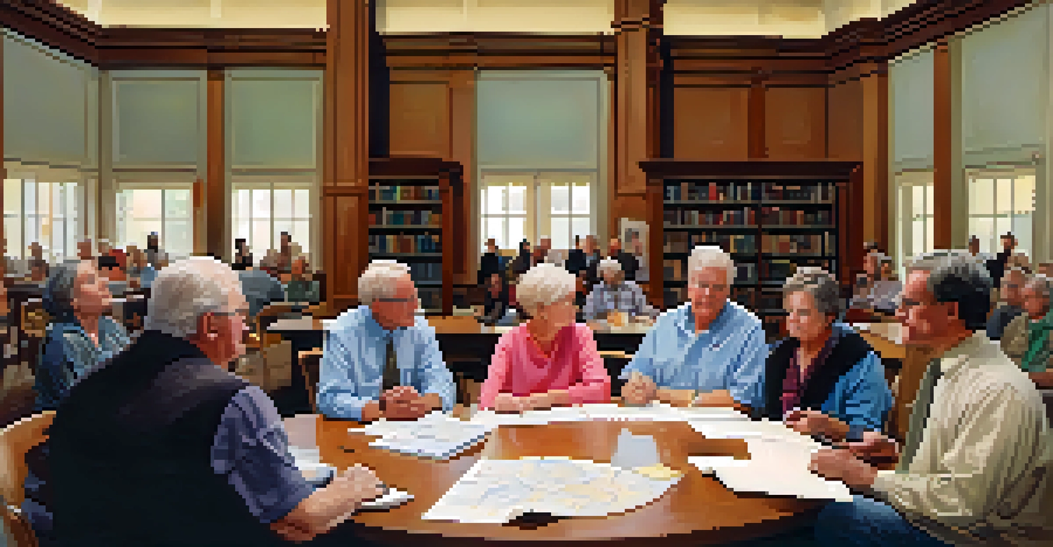 A community meeting in a Missouri library with residents discussing local governance around a table filled with charts and documents.