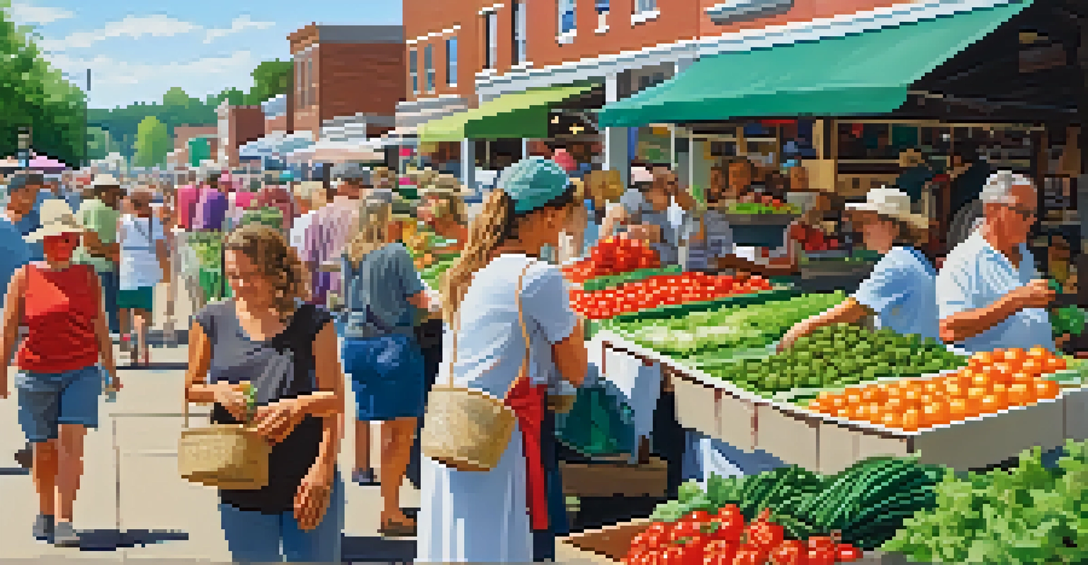 A lively farmers' market in Missouri showcasing colorful organic produce with local farmers and customers interacting.