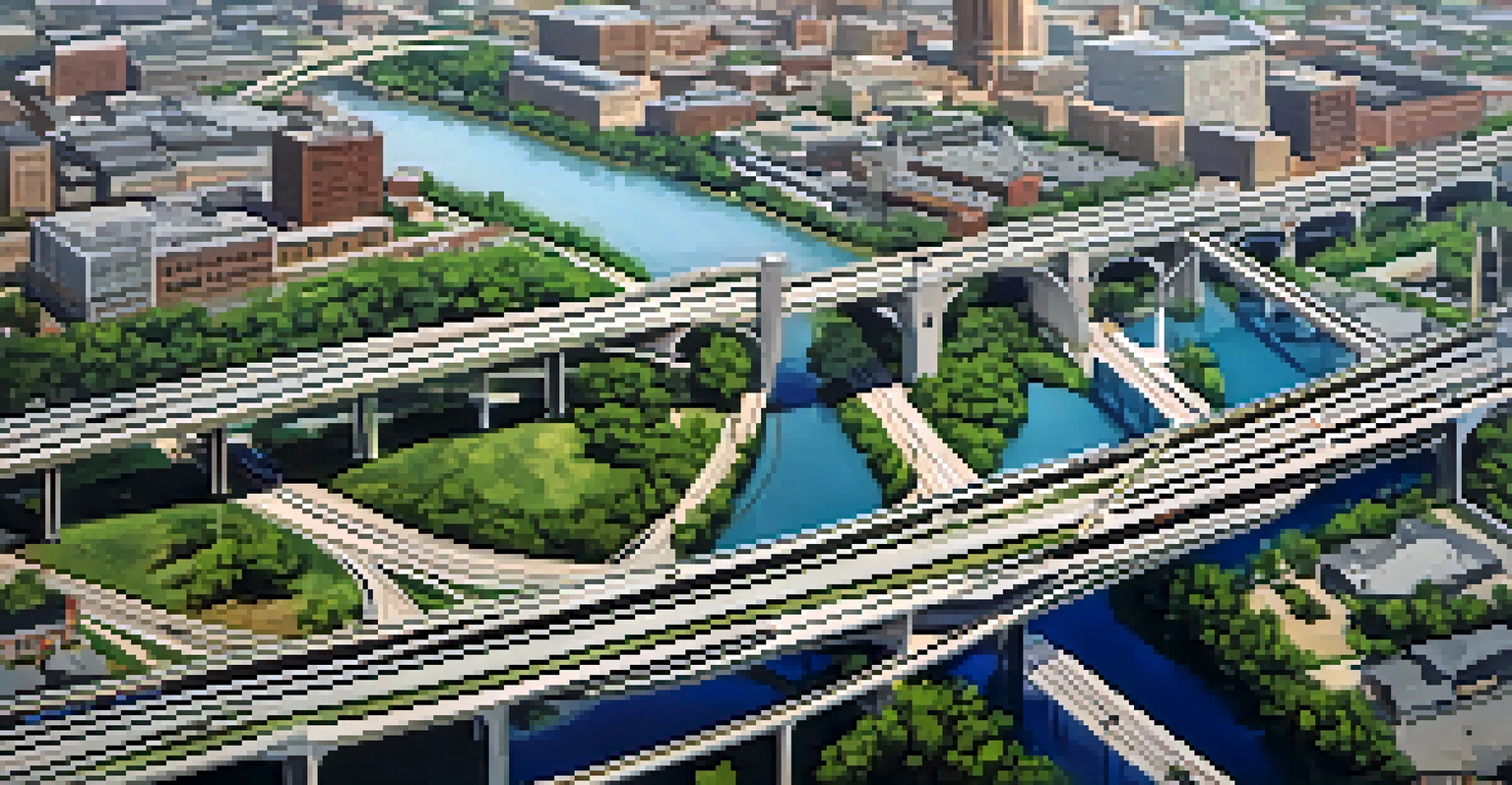 An aerial view of Missouri's transportation infrastructure, showcasing a mix of old roads and modern transit systems.