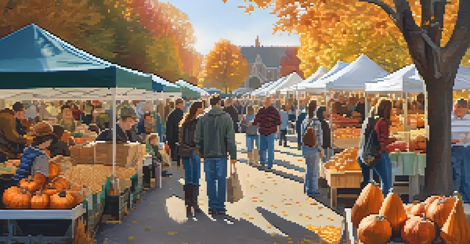 An autumn farmers' market in Missouri with colorful pumpkins and apples, surrounded by families and autumn foliage.