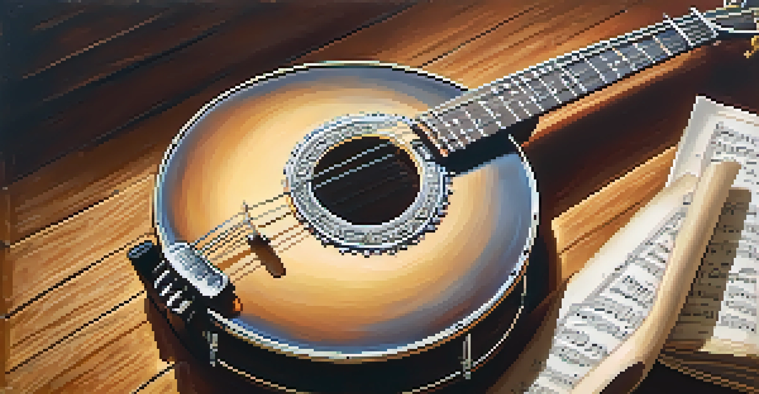 A close-up of a banjo on a wooden table with sheet music and warm light.