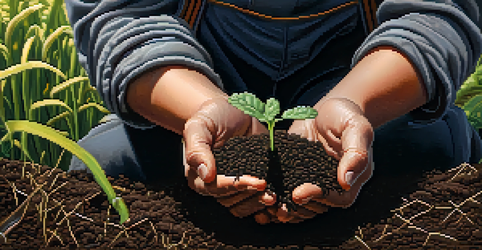 Close-up of a farmer's hands holding dark soil with earthworms and plant roots, surrounded by healthy cover crops in sunlight.