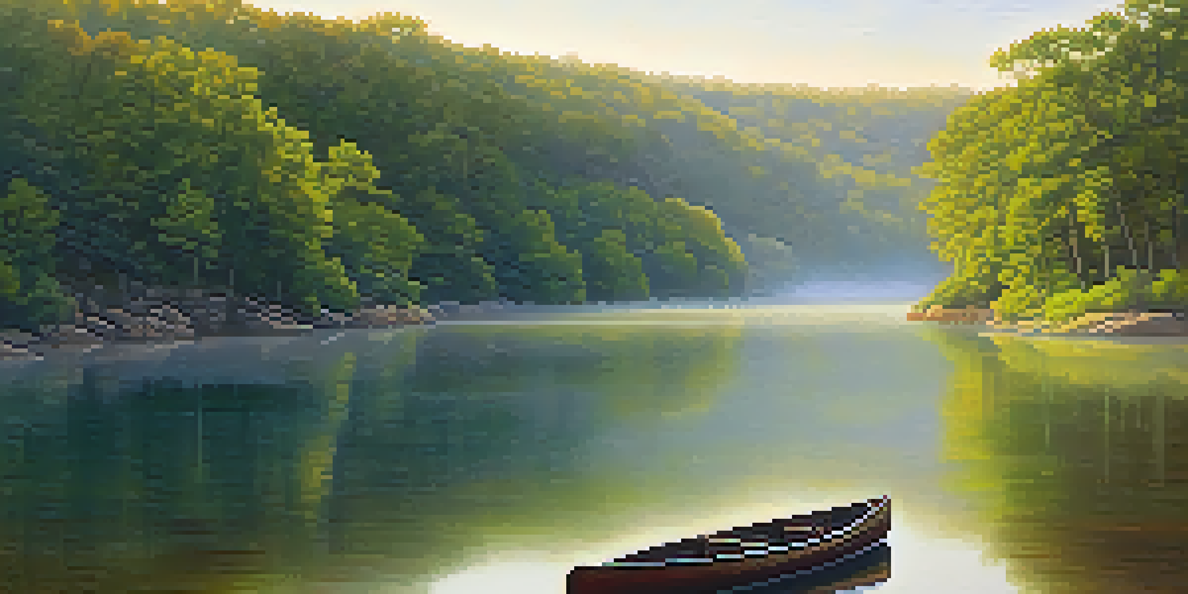 A peaceful landscape of Ha Ha Tonka State Park at sunrise, featuring green forests and a misty lake with a canoe on the water.