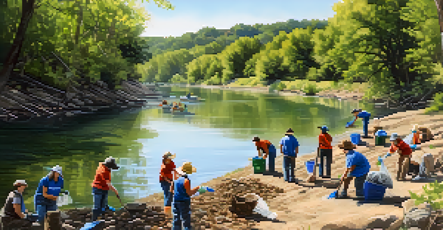 Volunteers participating in a river cleanup along the Missouri River, gathering trash and debris with trees in the background.