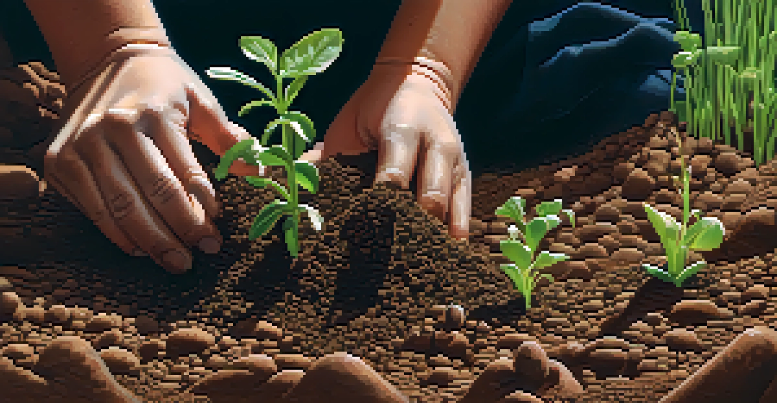 A close-up of clay soil with hands mixing organic matter, showcasing its texture and small plants growing.