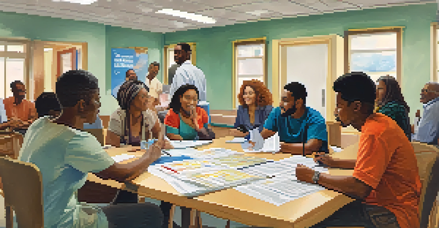 A group of diverse individuals discussing health insurance options at a community center.