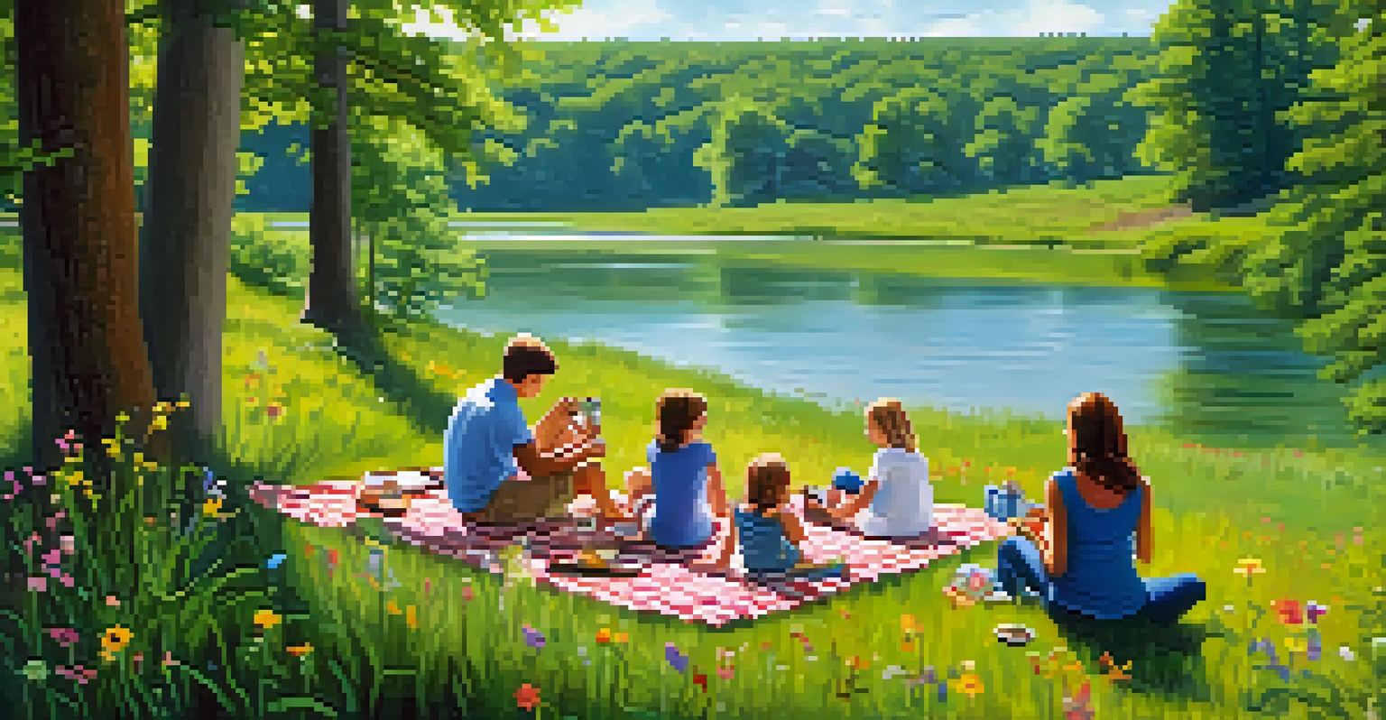 A family enjoying a picnic by the Meramec River at Castlewood State Park, with children exploring nearby trails.