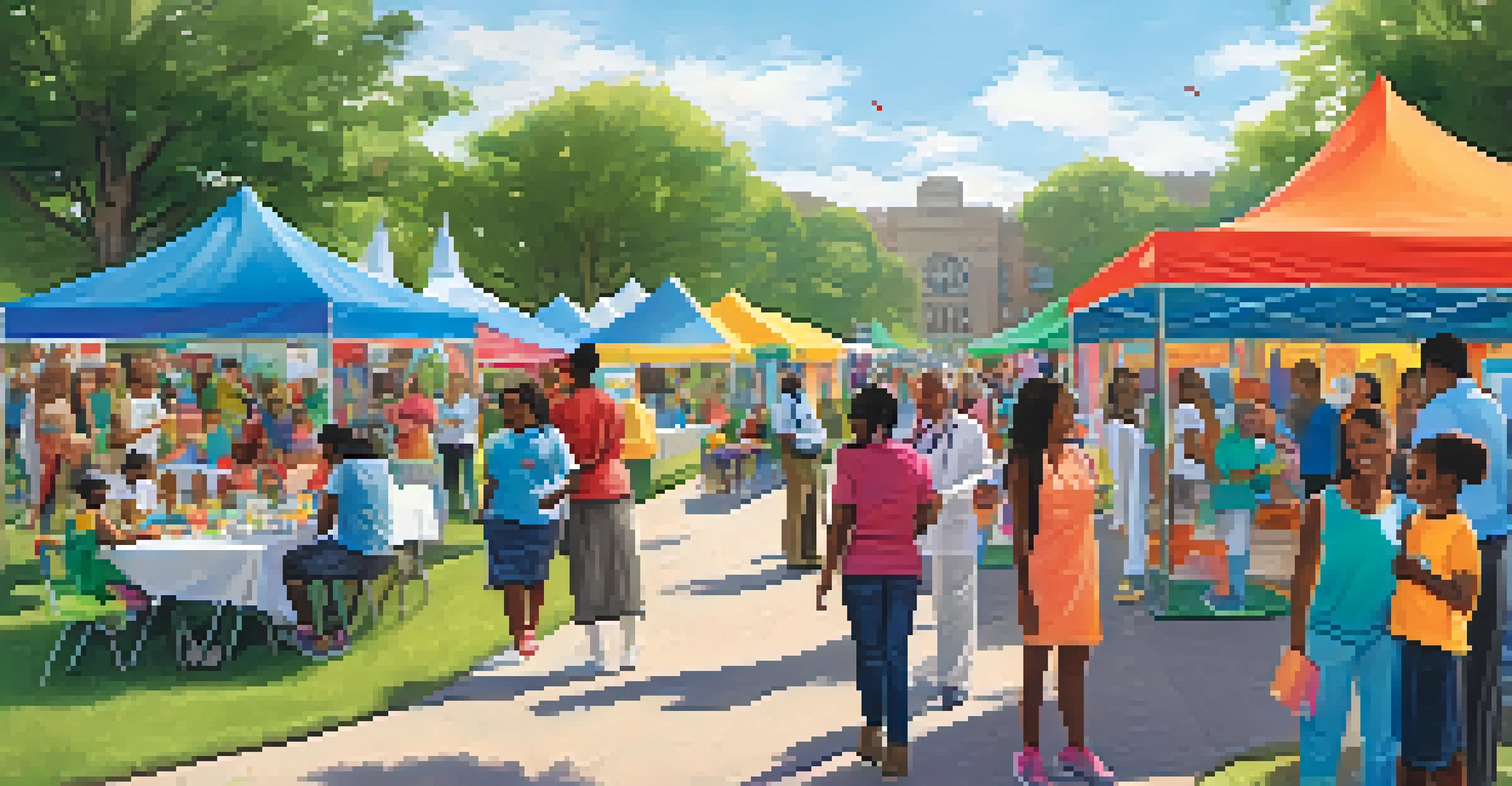 A community health fair in a park with diverse people engaging in health screenings and educational activities.