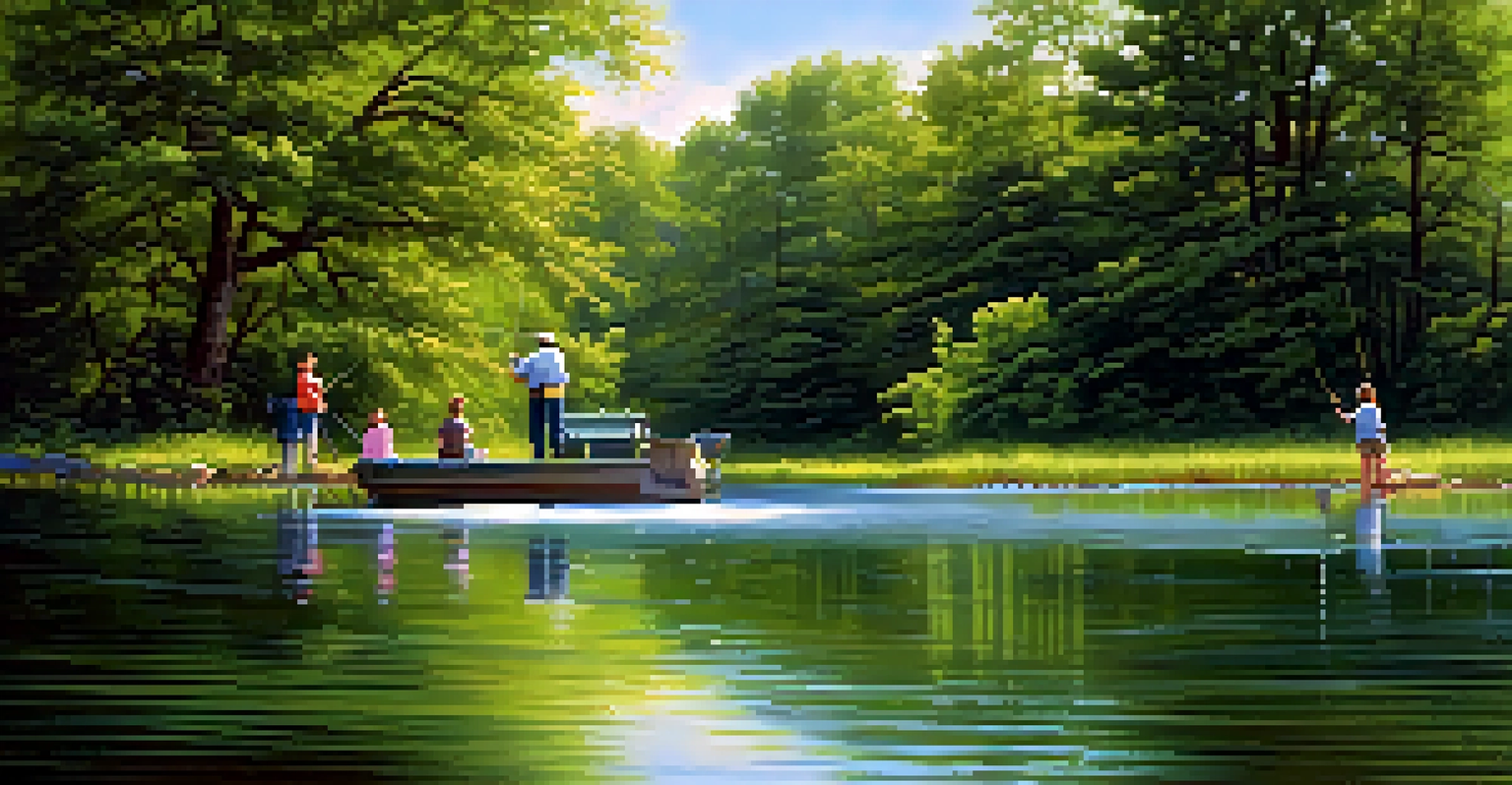 A family enjoying a day of fishing by a tranquil lake in Missouri's state park.