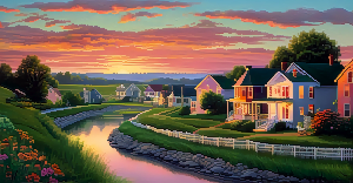 A picturesque sunset over a small Missouri town, surrounded by green fields and a winding river.