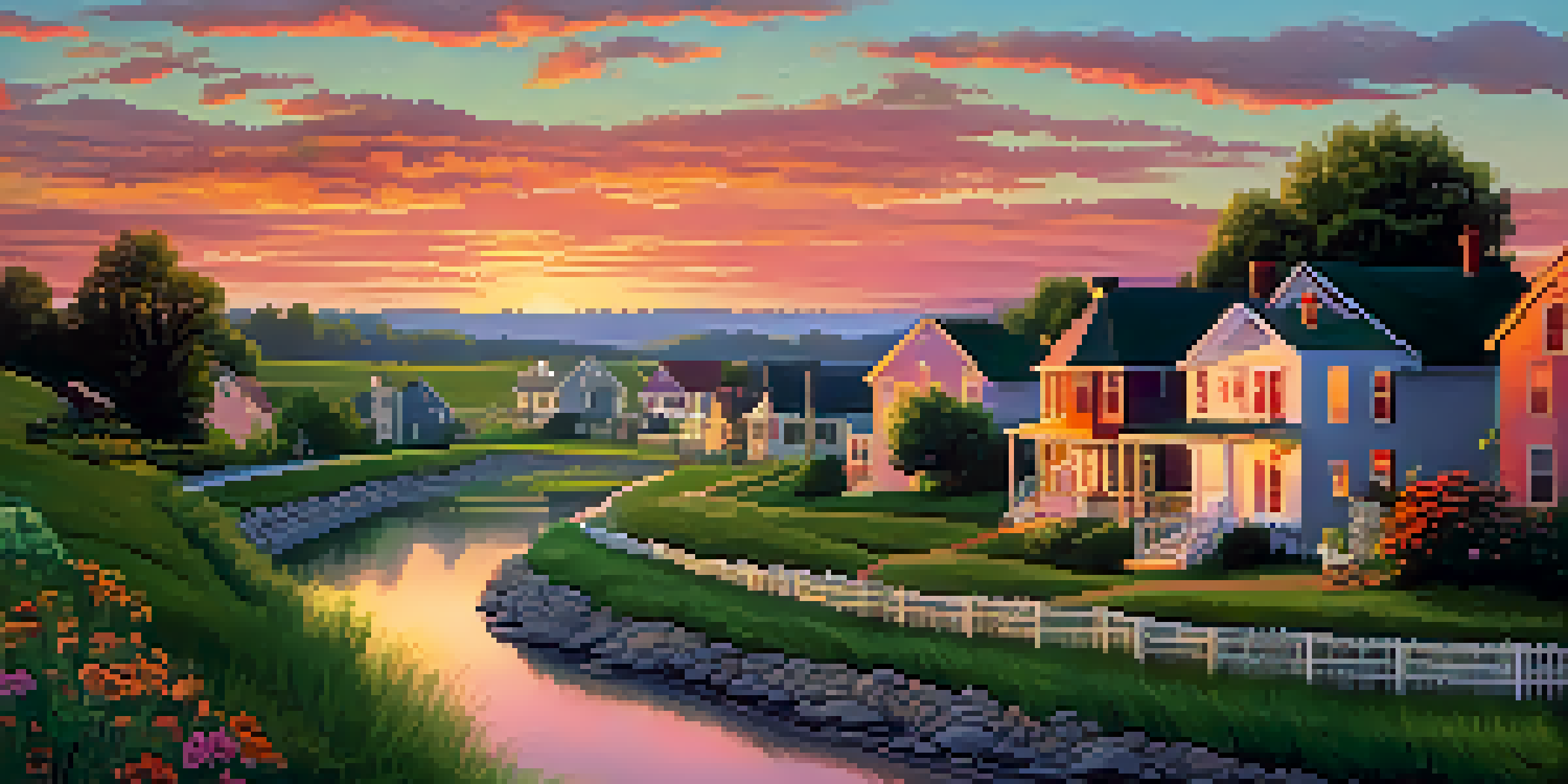 A picturesque sunset over a small Missouri town, surrounded by green fields and a winding river.