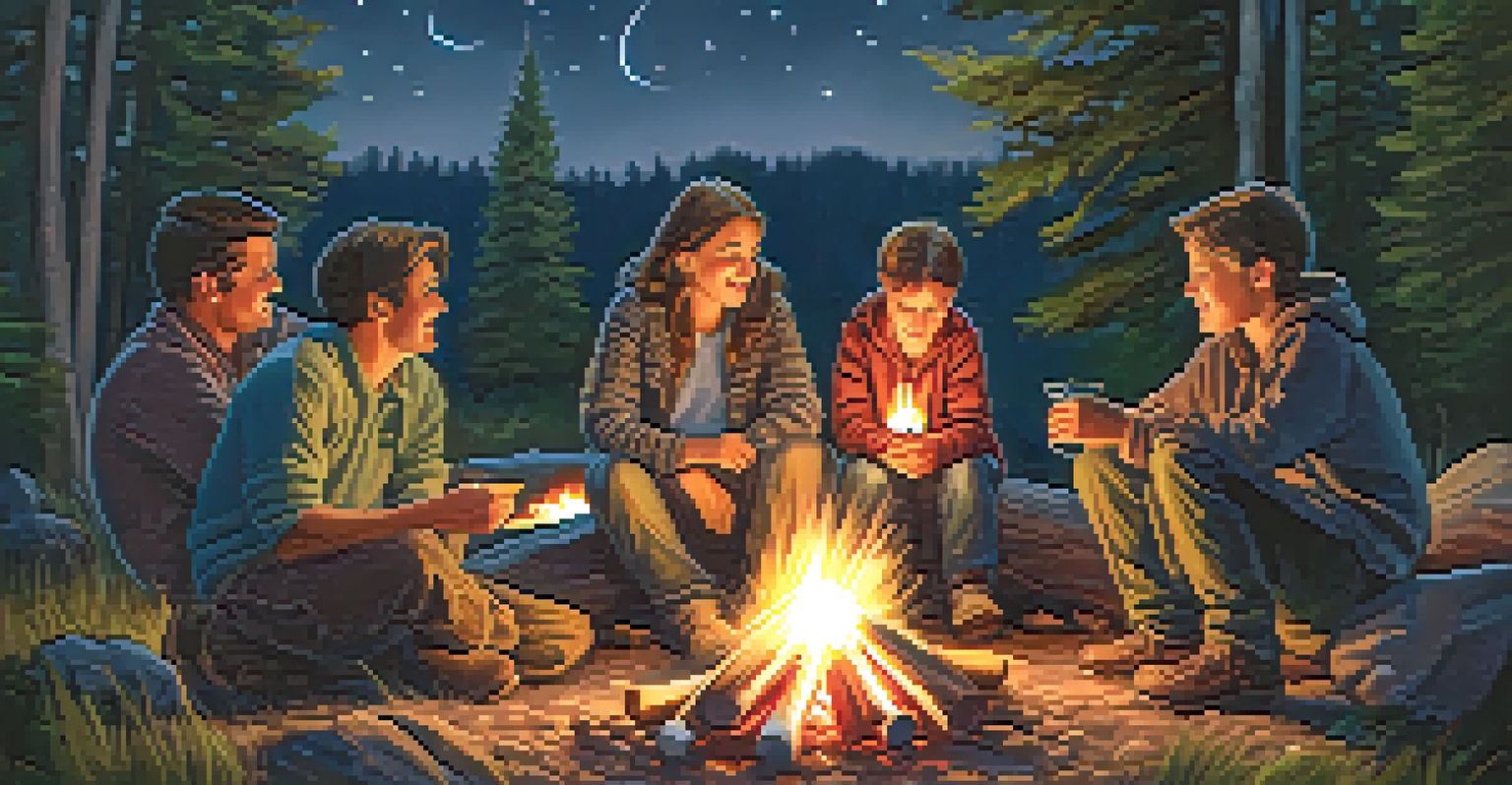 A family sitting around a campfire at night, roasting marshmallows and sharing stories under the stars.