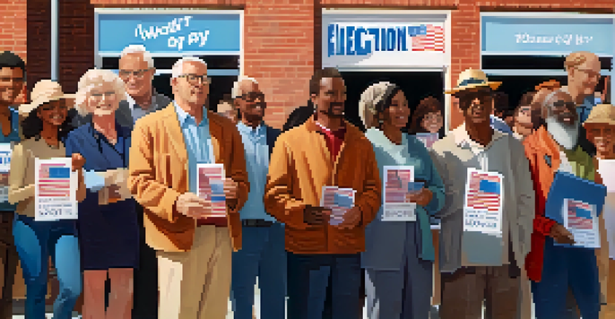 A diverse group of voters in front of a polling station on Election Day, holding ballots and surrounded by campaign posters under bright sunlight.