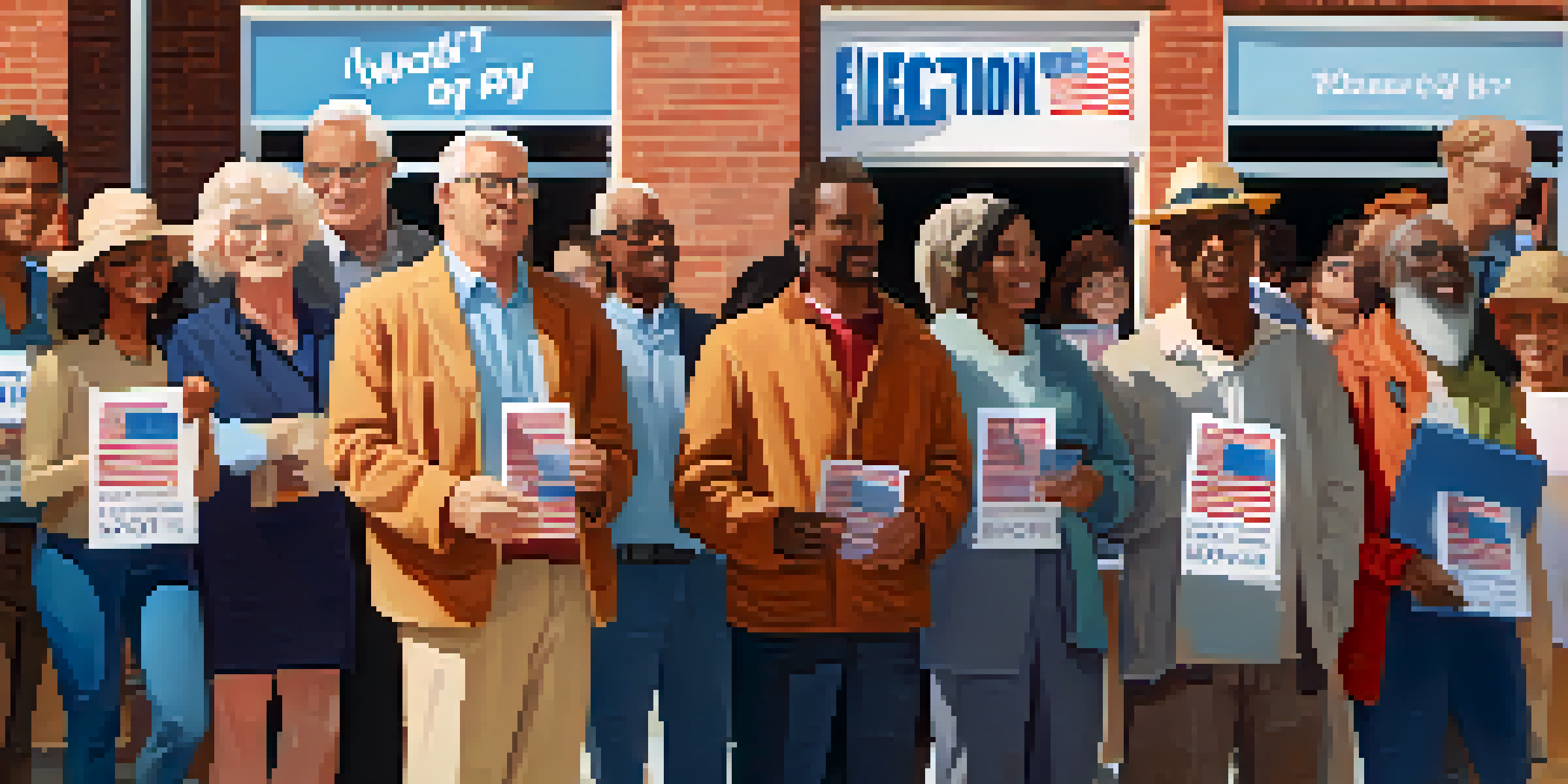 A diverse group of voters in front of a polling station on Election Day, holding ballots and surrounded by campaign posters under bright sunlight.