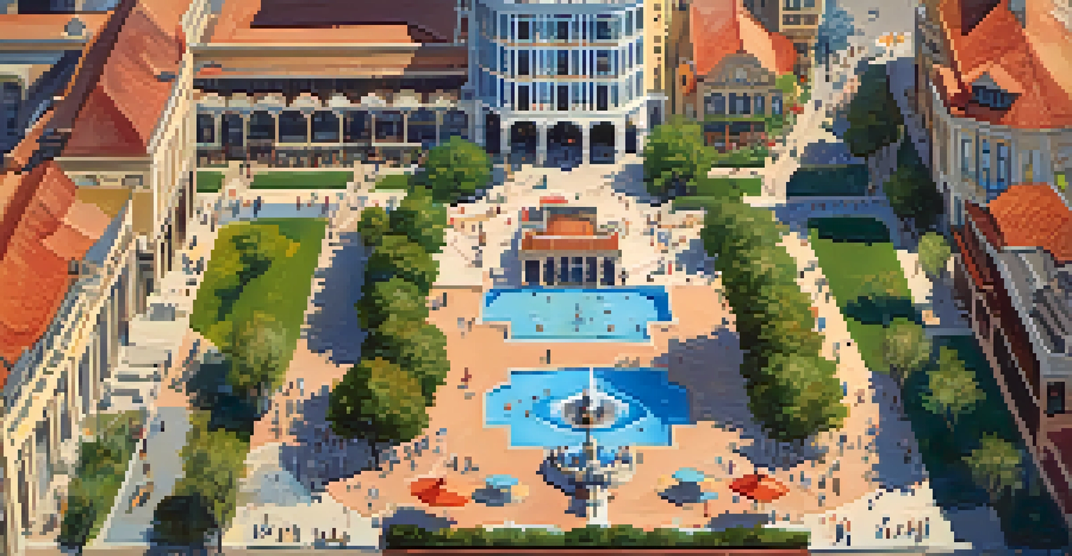 Aerial view of the Country Club Plaza in Kansas City, showcasing Spanish architecture and lively outdoor activity.