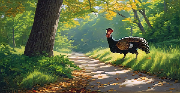 A wild turkey and a deer in a lush forest setting at Ha Ha Tonka State Park, with sunlight filtering through the trees.