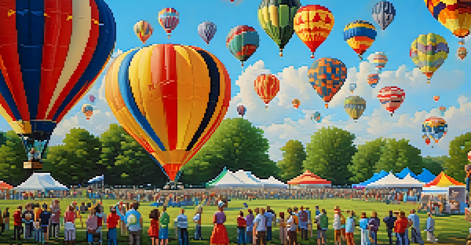 Colorful hot air balloons rising into the sky during a community event at Forest Park, surrounded by enthusiastic spectators.