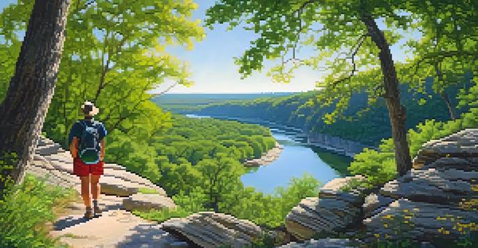 A panoramic view of Ha Ha Tonka State Park featuring green forests, rocky outcrops, and a serene lake with a hiker on a trail.