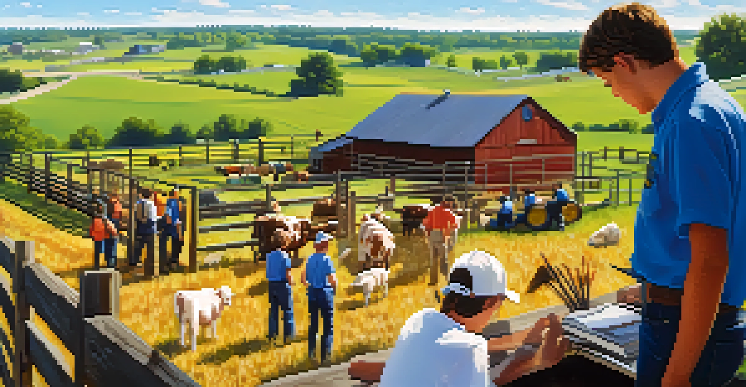 Students involved in an FFA project on a Missouri farm, interacting with livestock in a scenic outdoor setting.