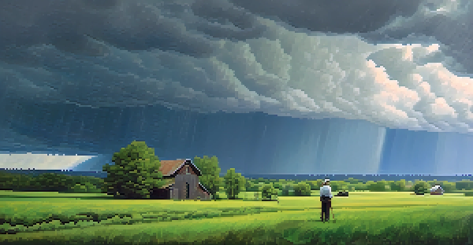 A farmer in a green field under dark rain clouds with an umbrella, representing spring weather in Missouri.
