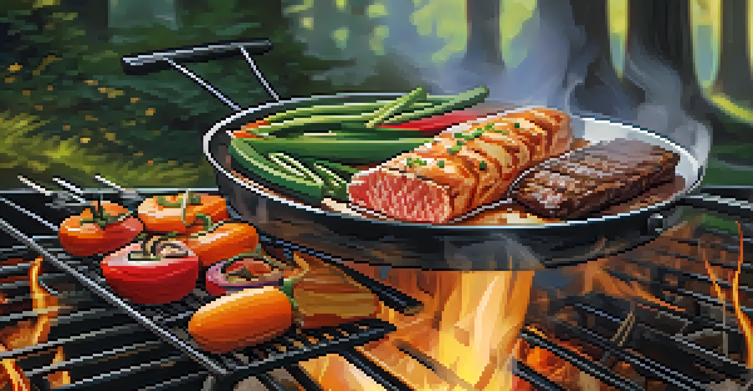 A close-up of a foil pack dinner being cooked over a campfire, featuring colorful vegetables and proteins.