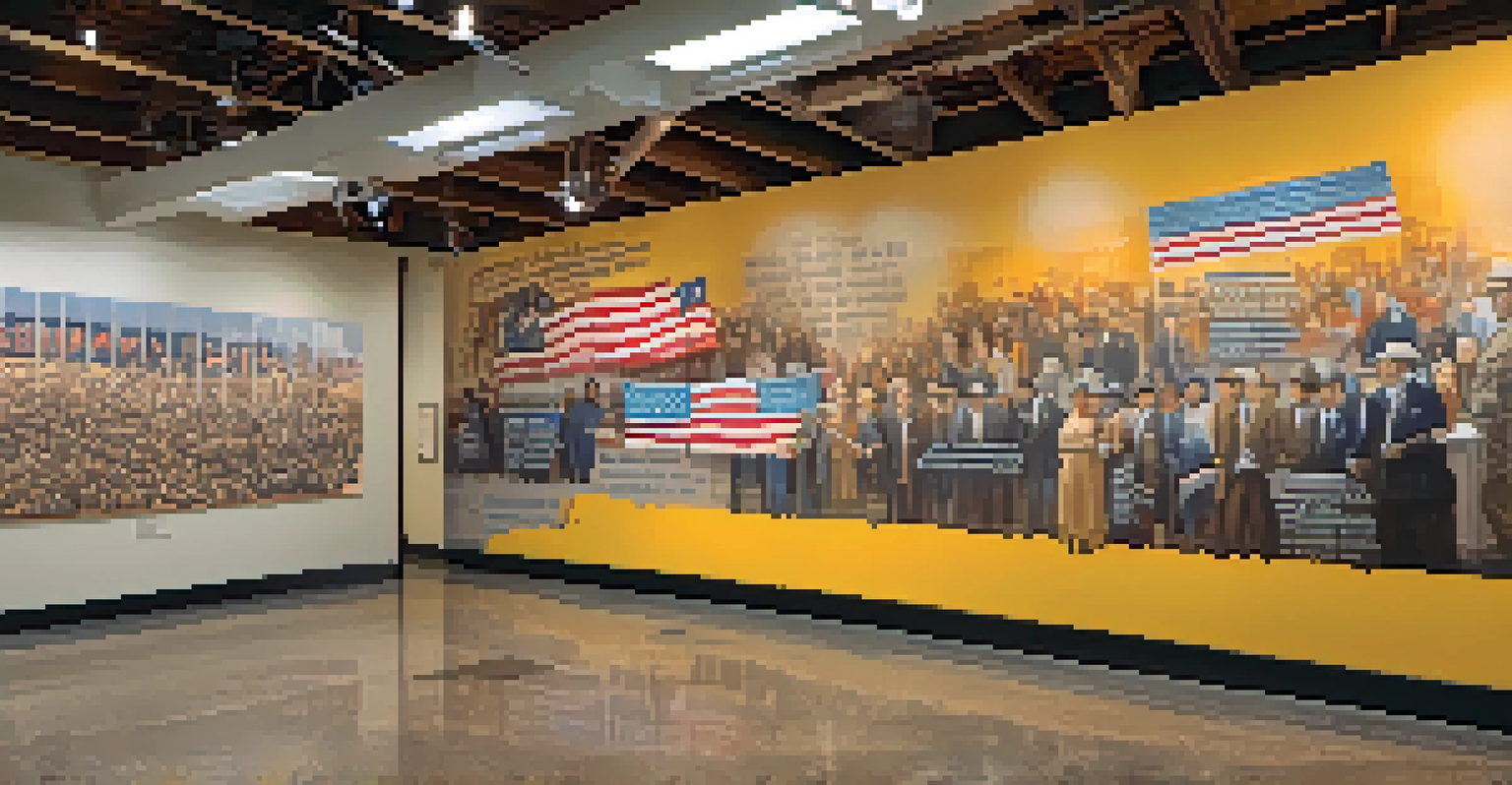 A colorful mural illustrating Missouri's political history, showcasing significant events and quotes in an artistic timeline.