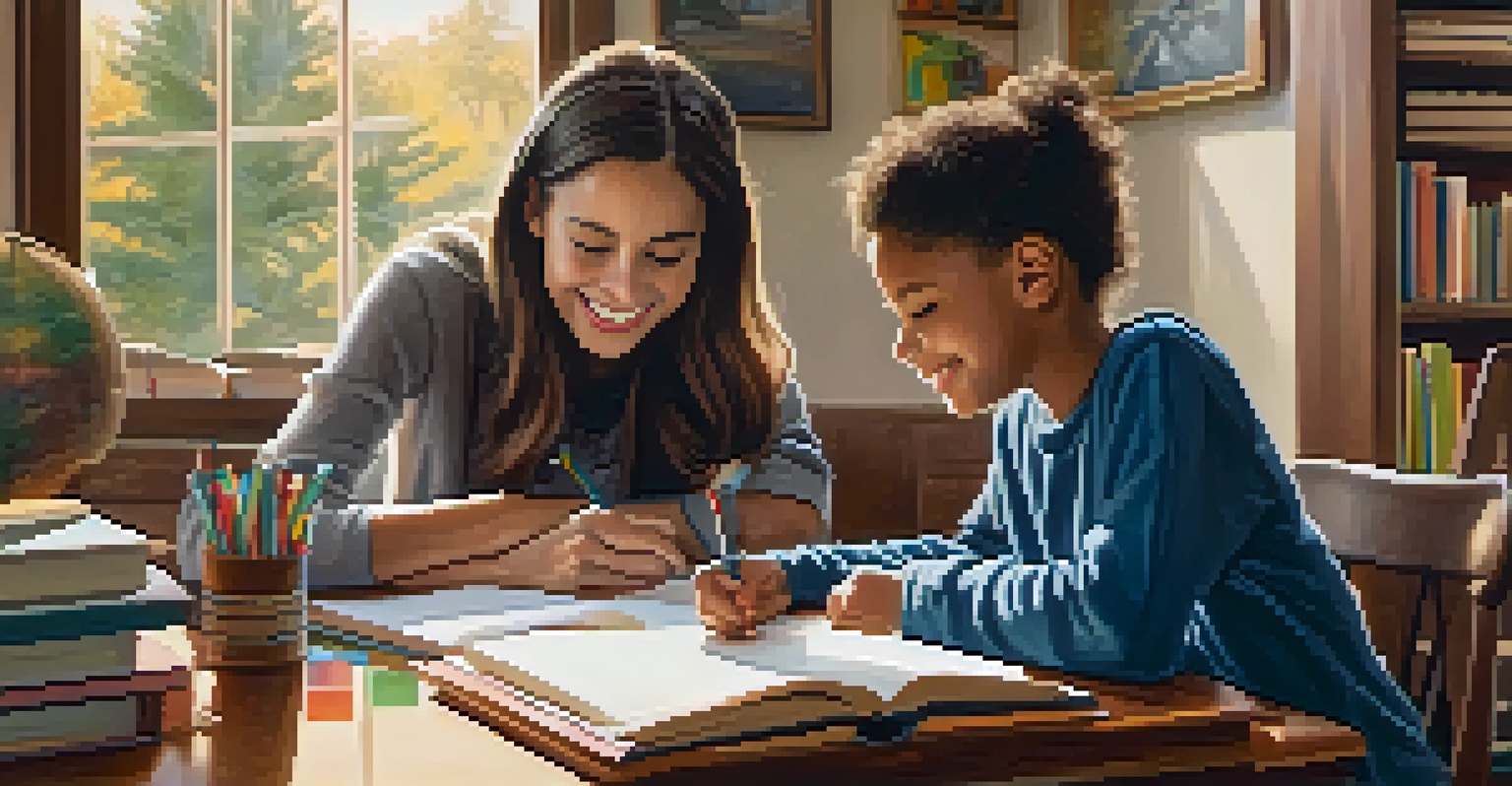 A parent helping their child with homework in a warm, inviting home atmosphere, emphasizing the importance of parental involvement in education.