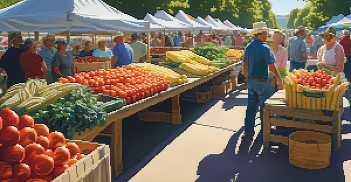 A lively farmer's market in Missouri with colorful fresh produce, sunny weather, and people interacting with local farmers.